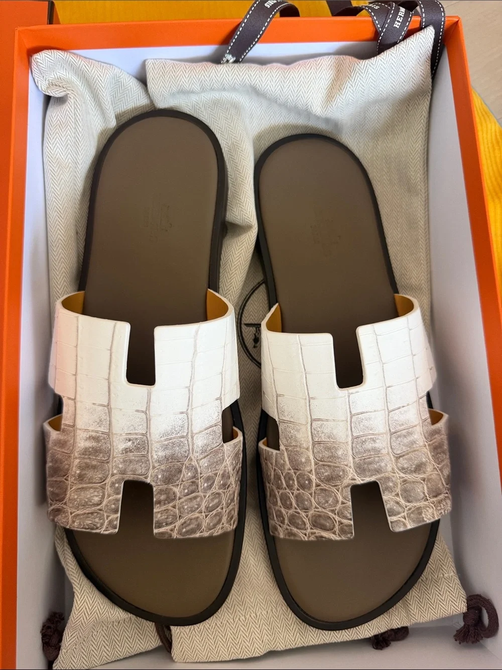 Hermes Izmir Himalayan Crocodile Leather Slides